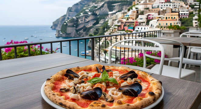 Seafood pizza with Amalfi Coast view and two wine glasses
