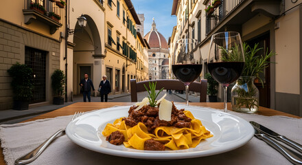Tagliatelle al Rag&ugrave; with Bologna cityscape background and luxury dining setup
