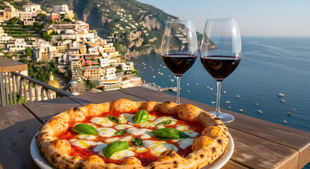 Neapolitan pizza with Sorrento coastal view background
