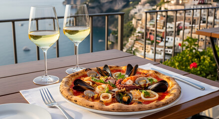 Seafood pizza with Amalfi Coast view and two wine glasses
