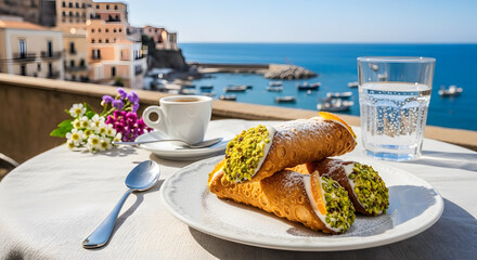 Cannoli Siciliani served at Sicilian street caf&eacute; with coastal view
