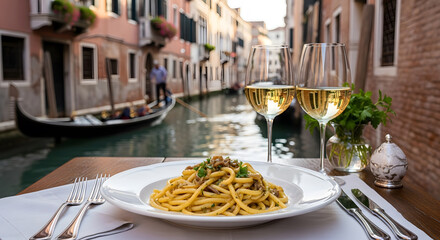 Bigoli in Salsa served at Venetian street restaurant with canal view
