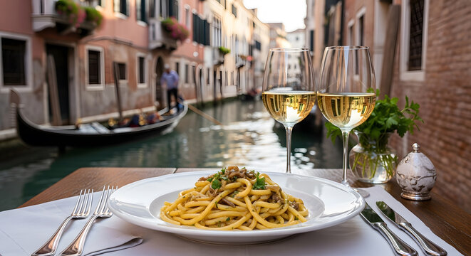 Bigoli in Salsa served at Venetian street restaurant with canal view
