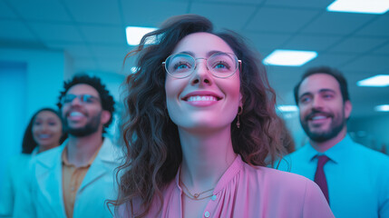 Diverse young professionals confidently walking forward in neon-lit office, future-driven corporate team embracing innovation and leadership in modern workplace environment