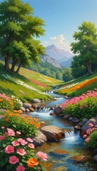 3d illustration of a colorful stream flows through a vibrant mountain valley