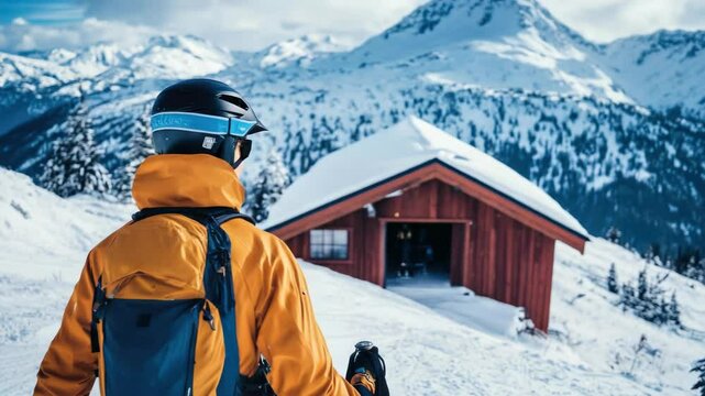 A person in full winter gear standing on a snowy mountain, overlooking a chalet.