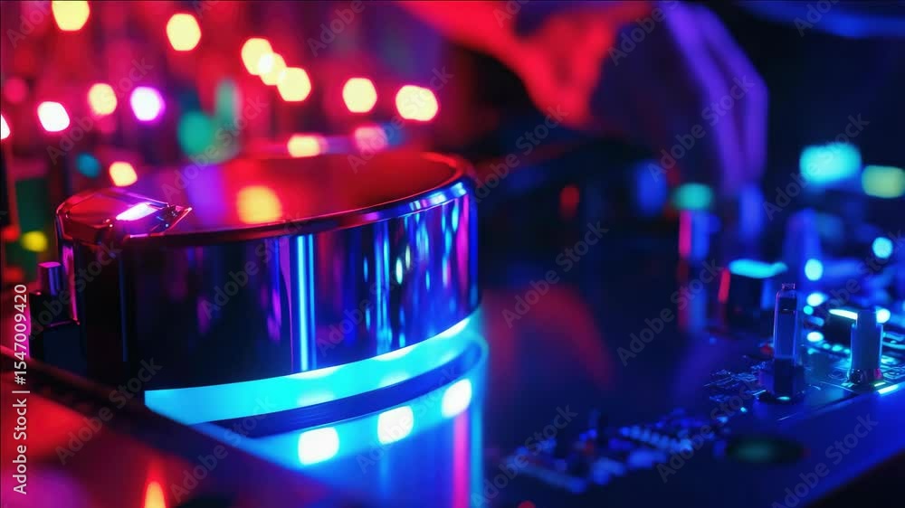 Poster a professional dj mixer with illuminated buttons and blue, red and white lights indicating the mixer