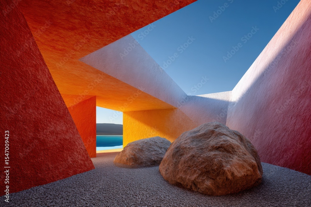 Aufkleber Modern architectural structure with colorful walls and large rocks in an outdoor setting featu geometric design and open sky