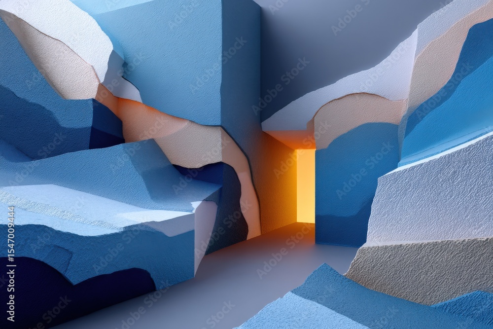 Poster abstract geometric paper art with blue white orange shades creating depth and texture in modern mini