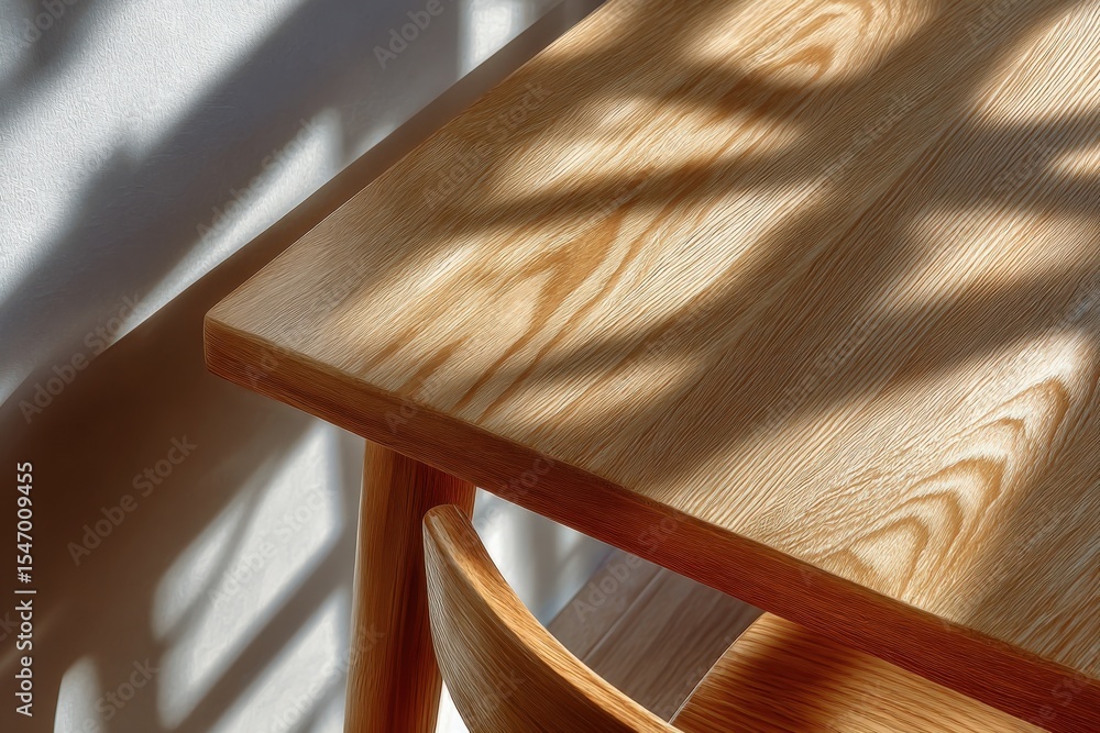 Poster close-up of a wooden table with natural light and shadow patterns, showcasing detailed texture and p