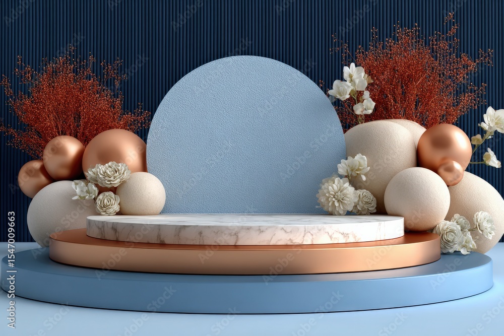 Poster Elegant minimalistic display with pastel and metallic spheres flowers and circular platforms in a modern abstract art style for sophisticated design