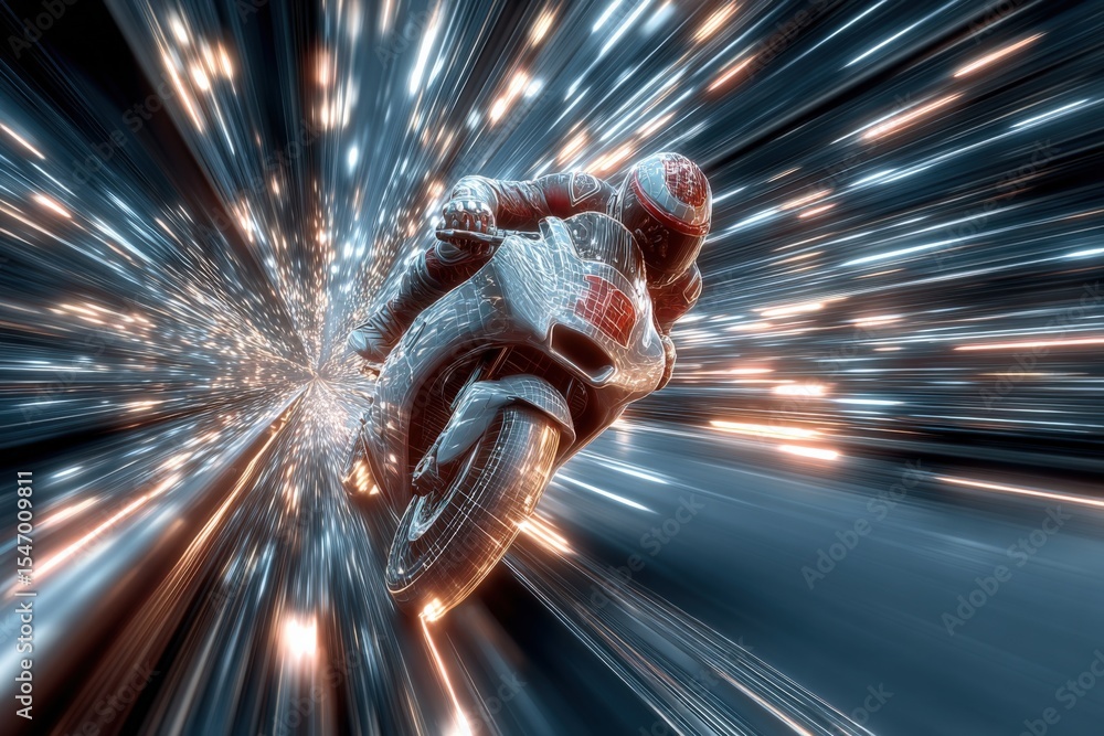 Poster Futuristic astronaut riding a high-speed motorcycle through a glowing tunnel of light with dynamic motion blur and vibrant sparks in space scene