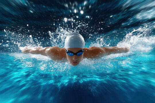 Competitive male swimmer in action performing butterfly stroke with water splashes and bubbles du training in indoor swimming pool with goggles and swim cap