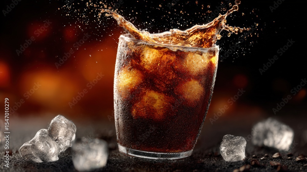 Aufkleber refreshing cold dark soda with ice cubes splash in glass on dark background with colorful bokeh ligh