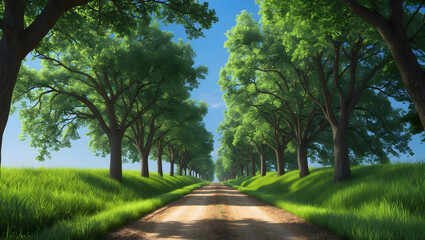 A dirt path through a park with lush green trees during the daytime in summertime. Ai Generative.