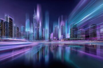 Futuristic cityscape with illuminated skyscrapers and vibrant neon lights reflecting on water at night in a cyberpunk style
