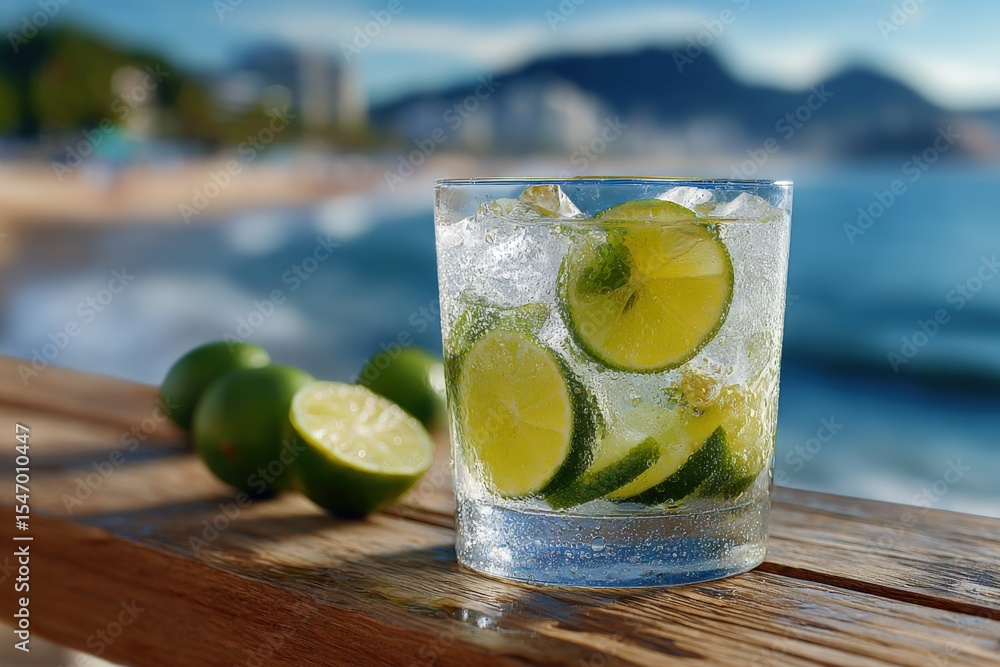 Poster Refreshing cold lime and cucumber infused sparkling water in a glass with ice on a wooden table by the seaside with mountains and beach in the background