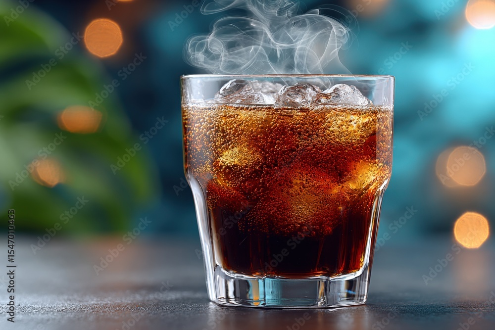 Aufkleber refreshing cold cola beverage with ice cubes and rising steam in a clear glass on dark surface with 