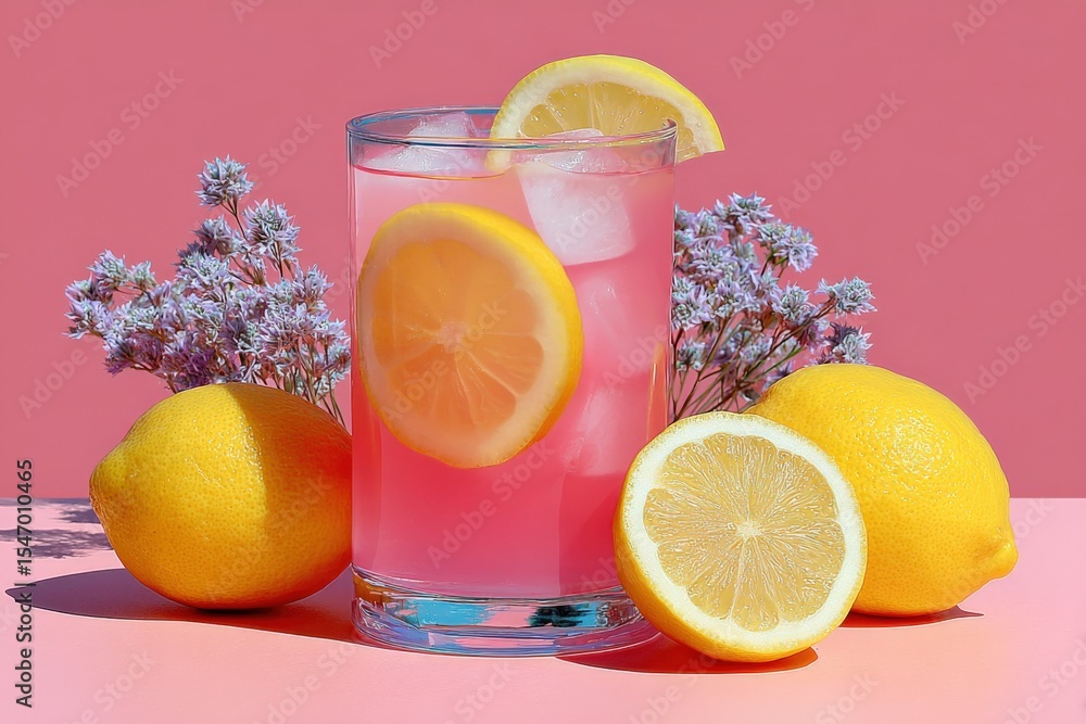 Poster refreshing pink lemonade with lemon slices and ice cubes served in a glass surrounded by whole and s