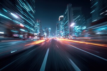 City downtown night scene with illuminated skyscrapers light streaks and motion blur futuristic urban landscape at high speed