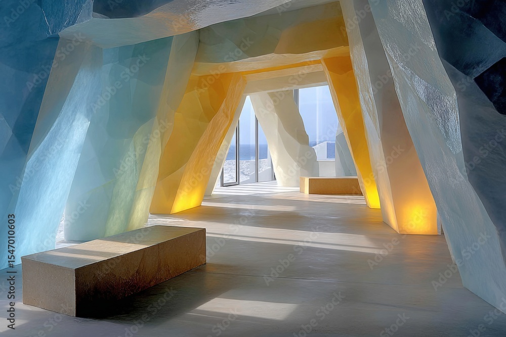 Poster modern hotel lobby with iceberg-inspired architecture brightly lit by natural daylight and featu uni
