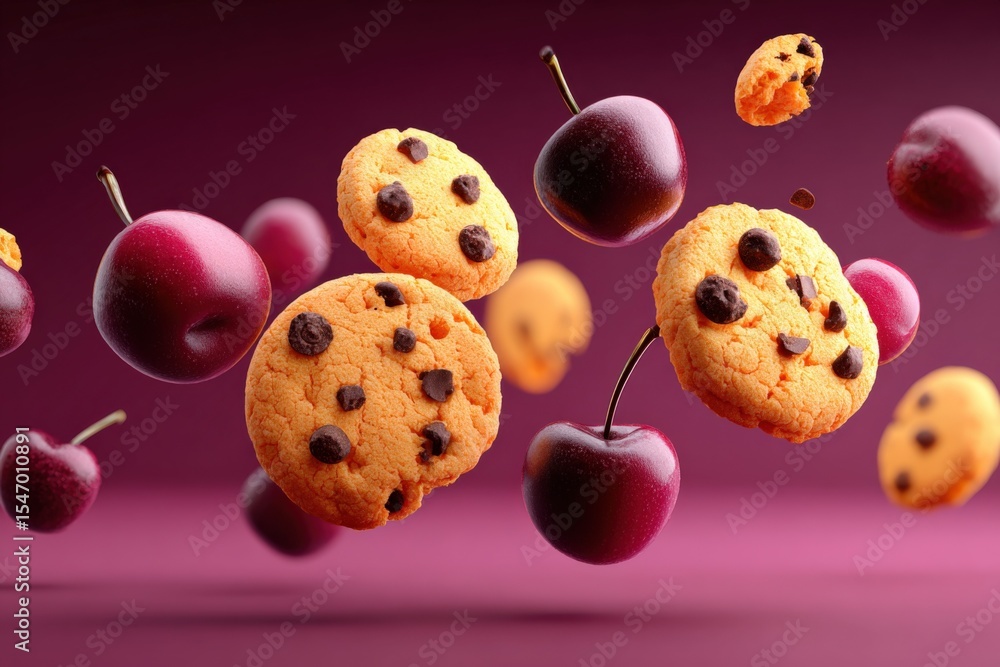 Poster assorted cookies and fresh cherries floating in midair against a vibrant pink background with dynami