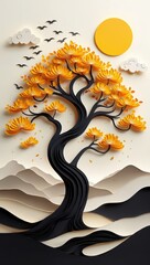 3d illustration of paper art of a stylized tree and mountains
