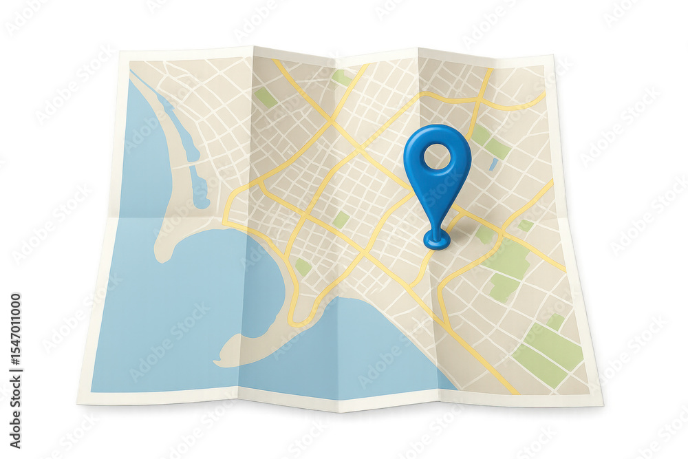 Aufkleber folded city map with a blue location pin pointing a specific area, isolated on transparent backgroun