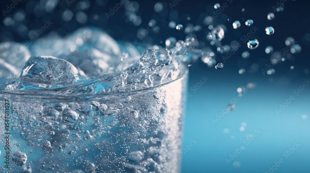 Poster close up of clear glass filled with sparkling cold water and ice cubes with droplets splashing on da