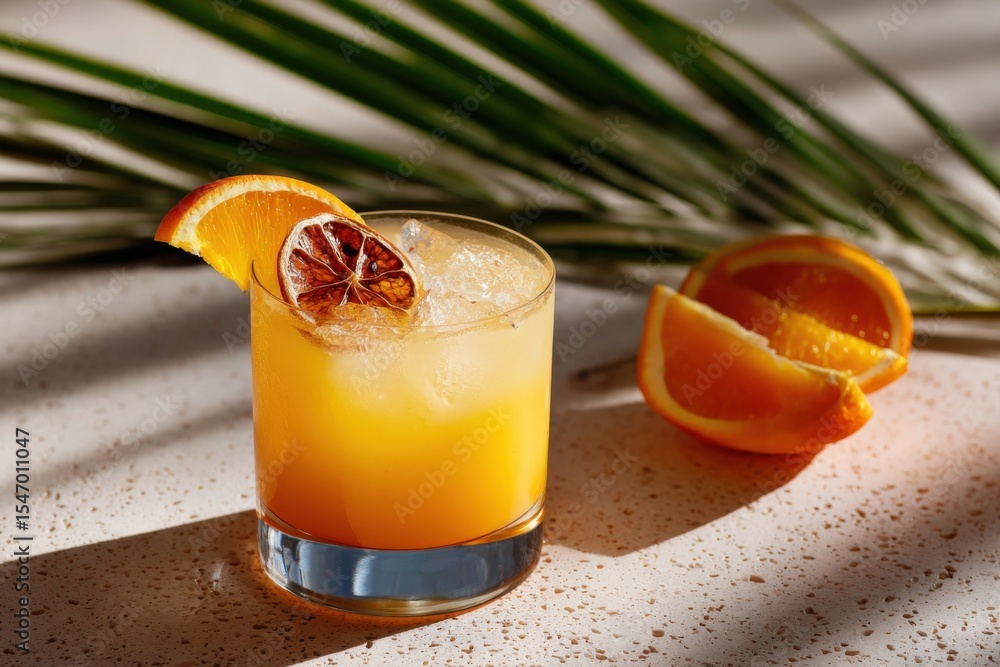 Poster refreshing orange juice with ice and dried citrus slice garnished with fresh orange slices and green