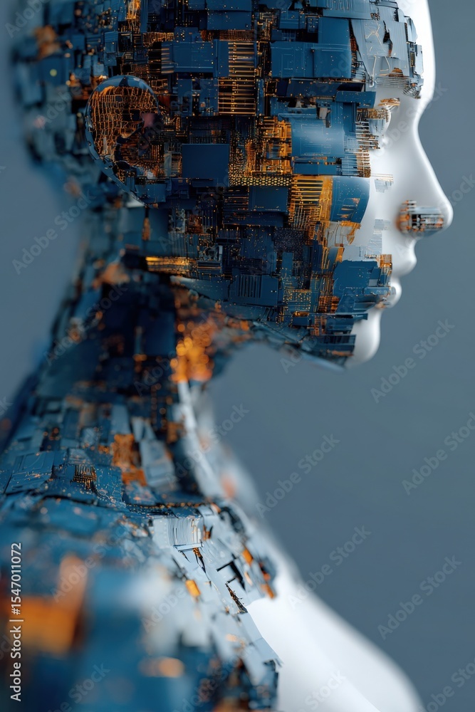 Poster Futuristic artificial ligence human head side profile composed of complex interconnected digital circuit boards and glowing technological elements