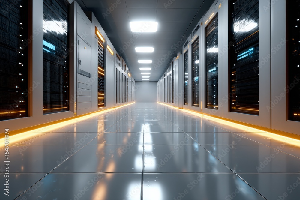 Poster Spacious modern data center hallway with server racks illuminated by bright LED lighting and reflective tiled floo for technology storage and management