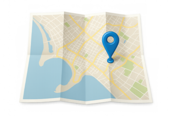 Folded city map with a blue location pin pointing a specific area, isolated on transparent background, ideal for travel and navigation concepts