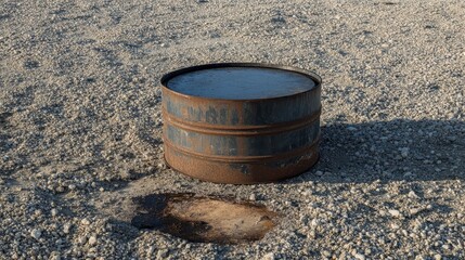 Naklejka premium Rusty Metal Drum on Dry Ground with Circular Shadow in Sunny Light