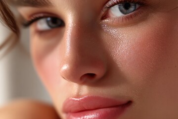 Naklejka premium Close-up of a young woman's face with glowing skin and clear blue eyes, natural makeup, soft lighting, detailed facial features, intimate portrait