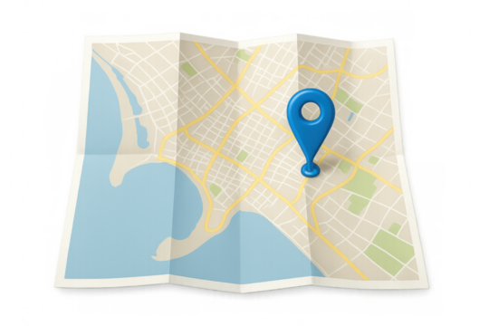 Folded city map with a blue location pin pointing a specific area, isolated on transparent background, ideal for travel and navigation concepts - Powered by Adobe