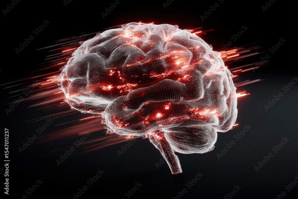 Poster Highly Detailed Digital Illustration of a Human Brain with Visualization of Neural Connections and Glowing Synapses in Dark Background
