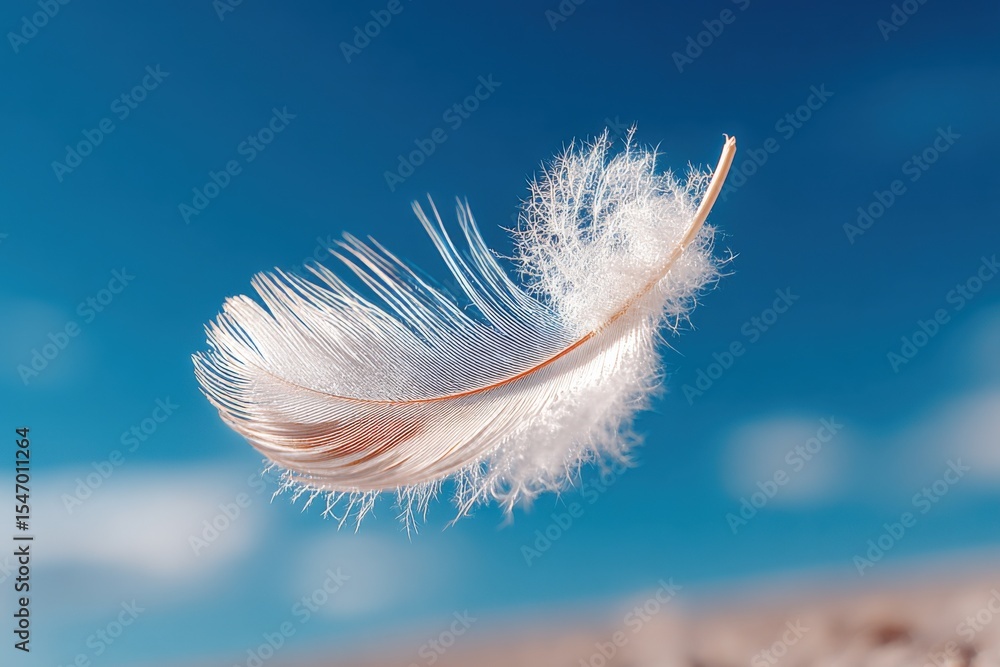 Poster close-up of a delicate white feather floating in the sky with blurred background and vibrant blue cl