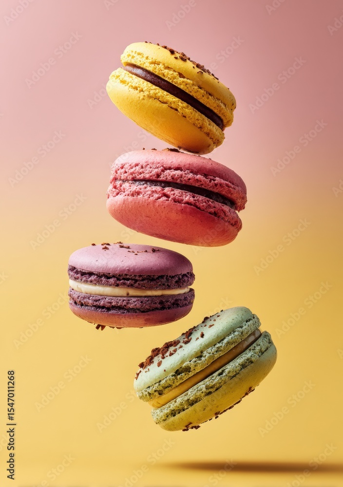 Poster colorful assorted macarons with cream filling stack floating in midair on soft gradient pink and yel