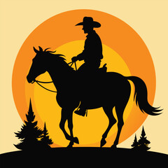 Wild West Cowboy Horseback Riding Sunset Silhouette