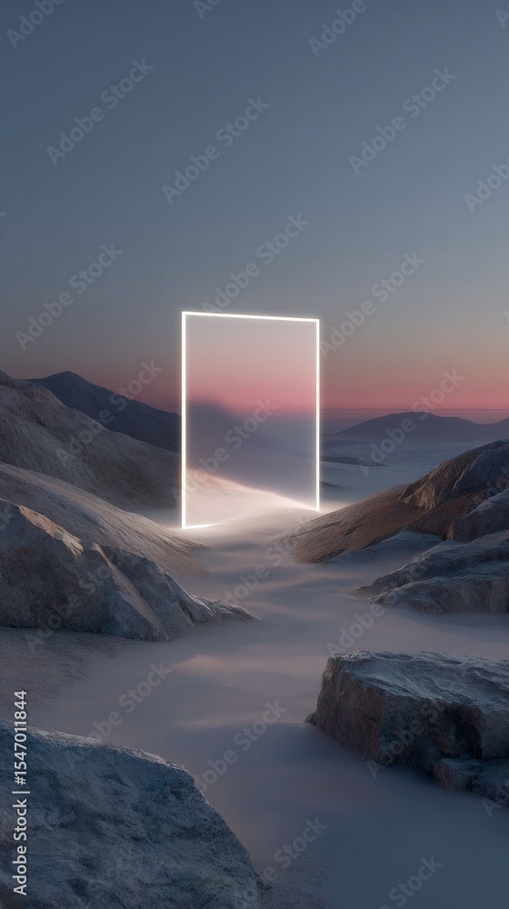 Poster surreal landscape with glowing rectangular frame in mountainous terrain du twilight with mist and cl