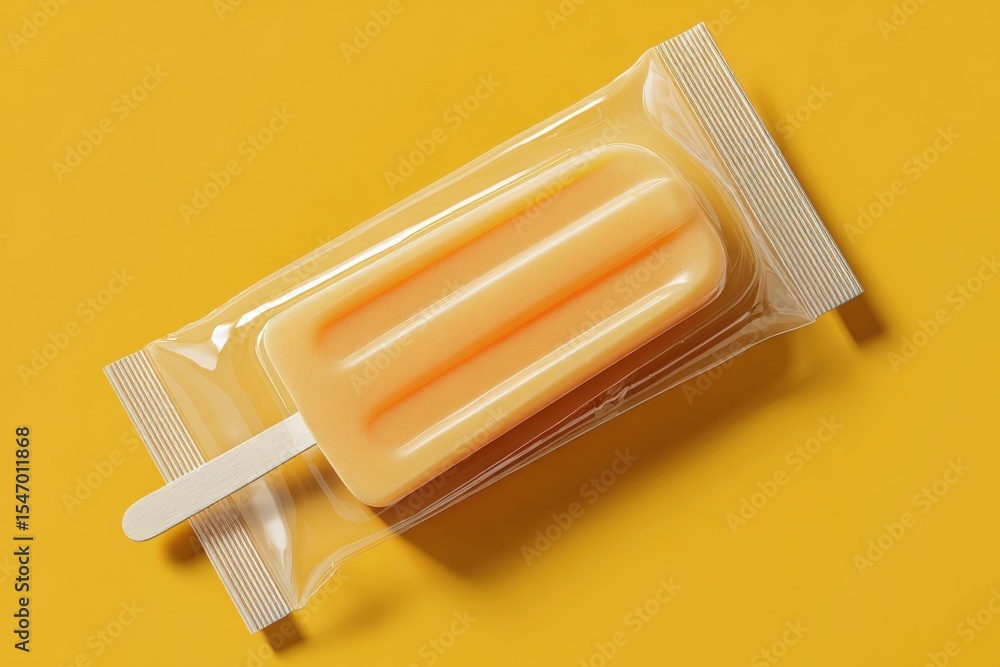 Poster fresh creamy vanilla ice cream popsicle on stick in transparent wrapper with yellow background perfe