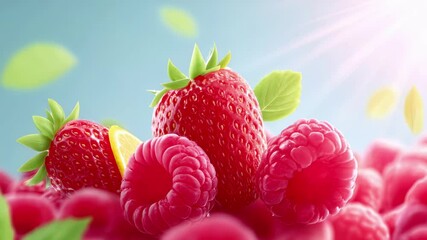 Fresh red strawberries and raspberries with green leaves. Healthy organic summer berries rich in vitamins, antioxidants and natural sweetness. Perfect for smoothies, desserts, snacks and culinary - Powered by Adobe