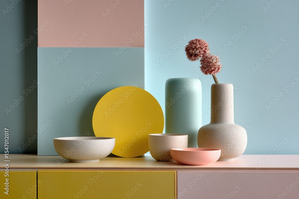Poster artistic minimalist still life arrangement of decorative vases and bowls in soft pastel colors on a 
