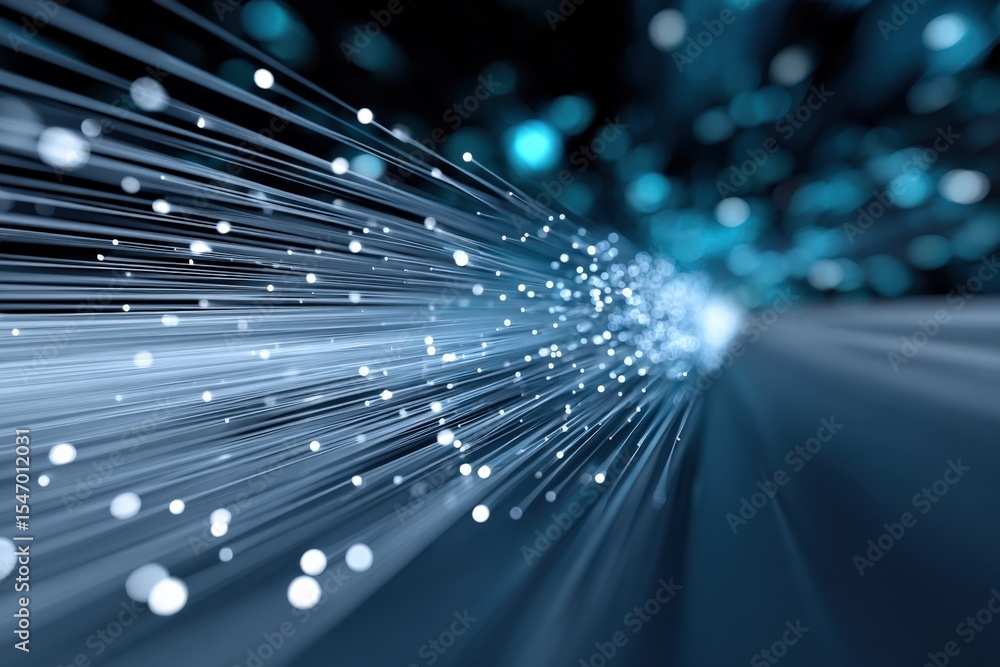 Poster high speed fiber optic cables and data transmission technology background with bright light particle