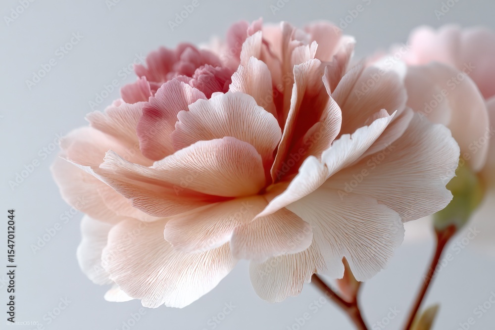Poster close-up of a soft pink and cream peony flower in full bloom with delicate petals and subtle green s