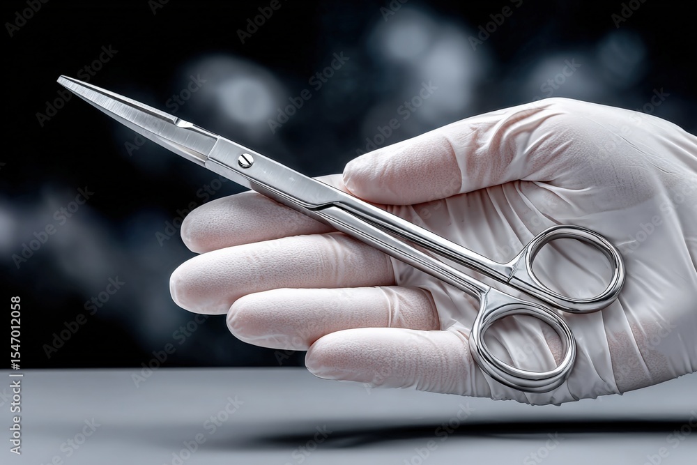 Poster close-up of a hand wea a protective glove holding a pair of surgical scissors with a blurred dark ba