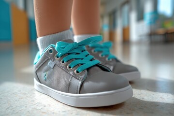 Close-up of small child's feet wea stylish gray sneakers with bright blue shoelaces indoors, children walking in school or daycare hallway