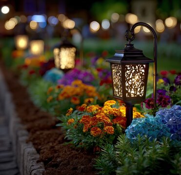 Beautiful glowing lanterns illuminating colorful flower bed with vibrant blooms and lush greenery du evening outdoor garden scene