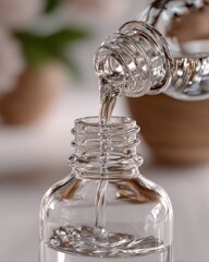 Close-up of clear glass water bottle pou water into a transparent jar with a blurred natural background and wooden elements